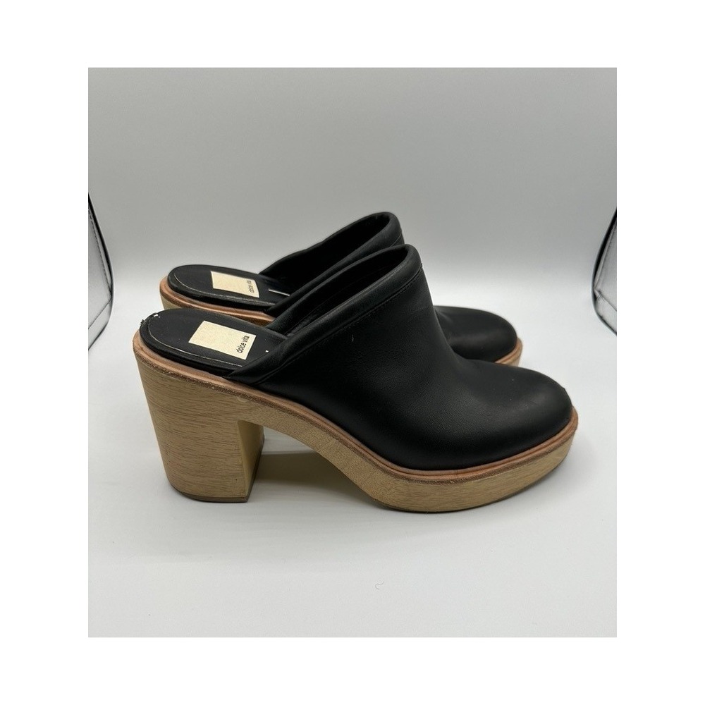Dolce Vita Black Leather Platform Clog Mules Wood Block Heel Women 8.5 Round Toe